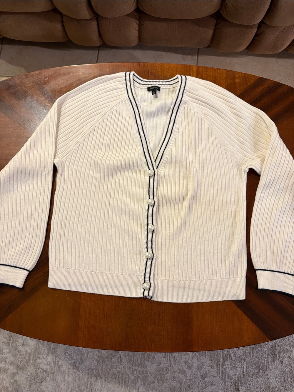 Talbots Women’s Ivory Pearl Button Ribbed V-Neck Cardigan with Navy Trim